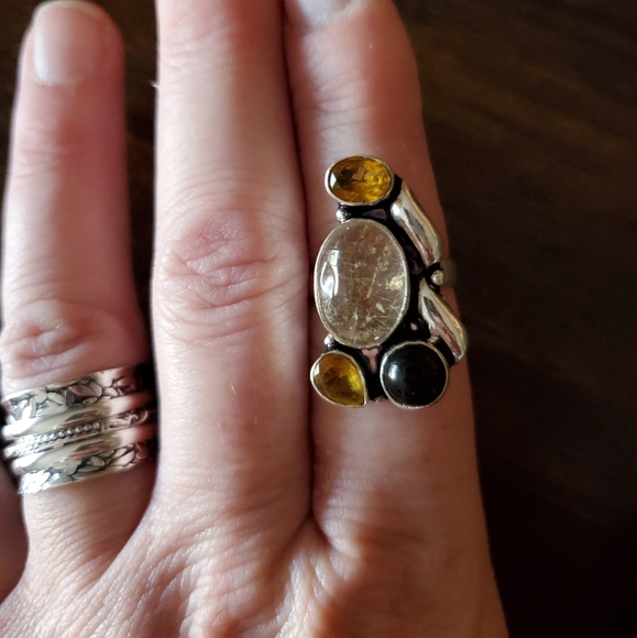 New Rutile Quartz, Citrine, Black Onyx 925 Silver Ring. - Picture 4 of 10